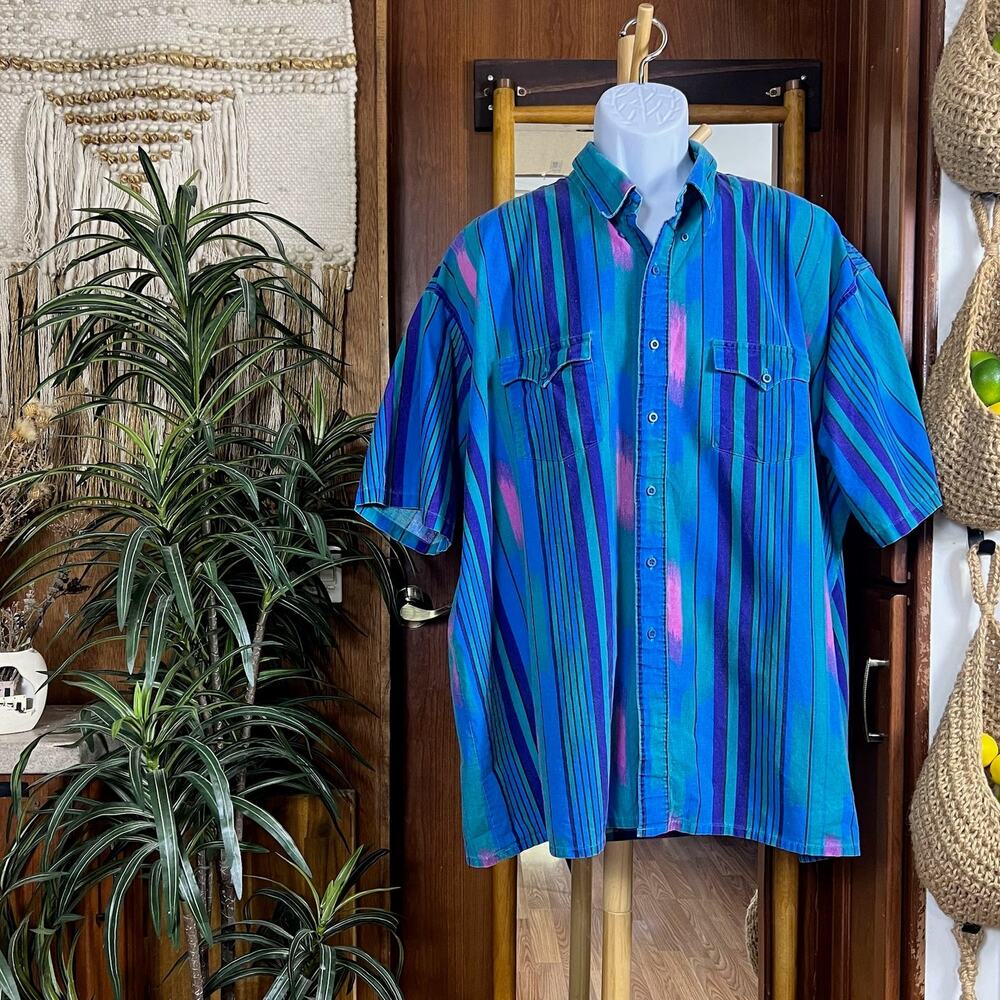 Vintage Big & Tall Stripe Shirt 2XL | 80s 90s Blue Green Pink Cotton Button Down